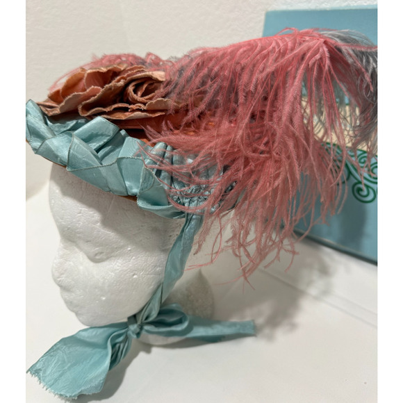 Vintage 1940s Feathered Cocktail Fascinator Hat w Chin Ribbon Blue Pink w Box main image 4